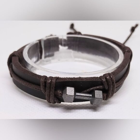 Men's leather bracelet barbell brown new e50 - Picture 1 of 1